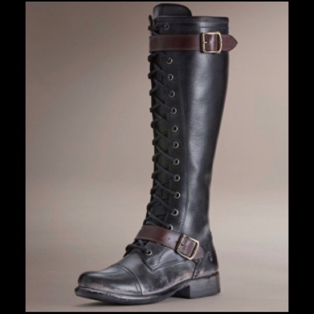 Frye Jenna Cap Toe Tall Double Strap Combat Boots